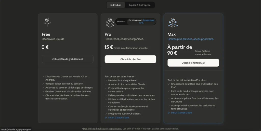 tarifs claude ai
